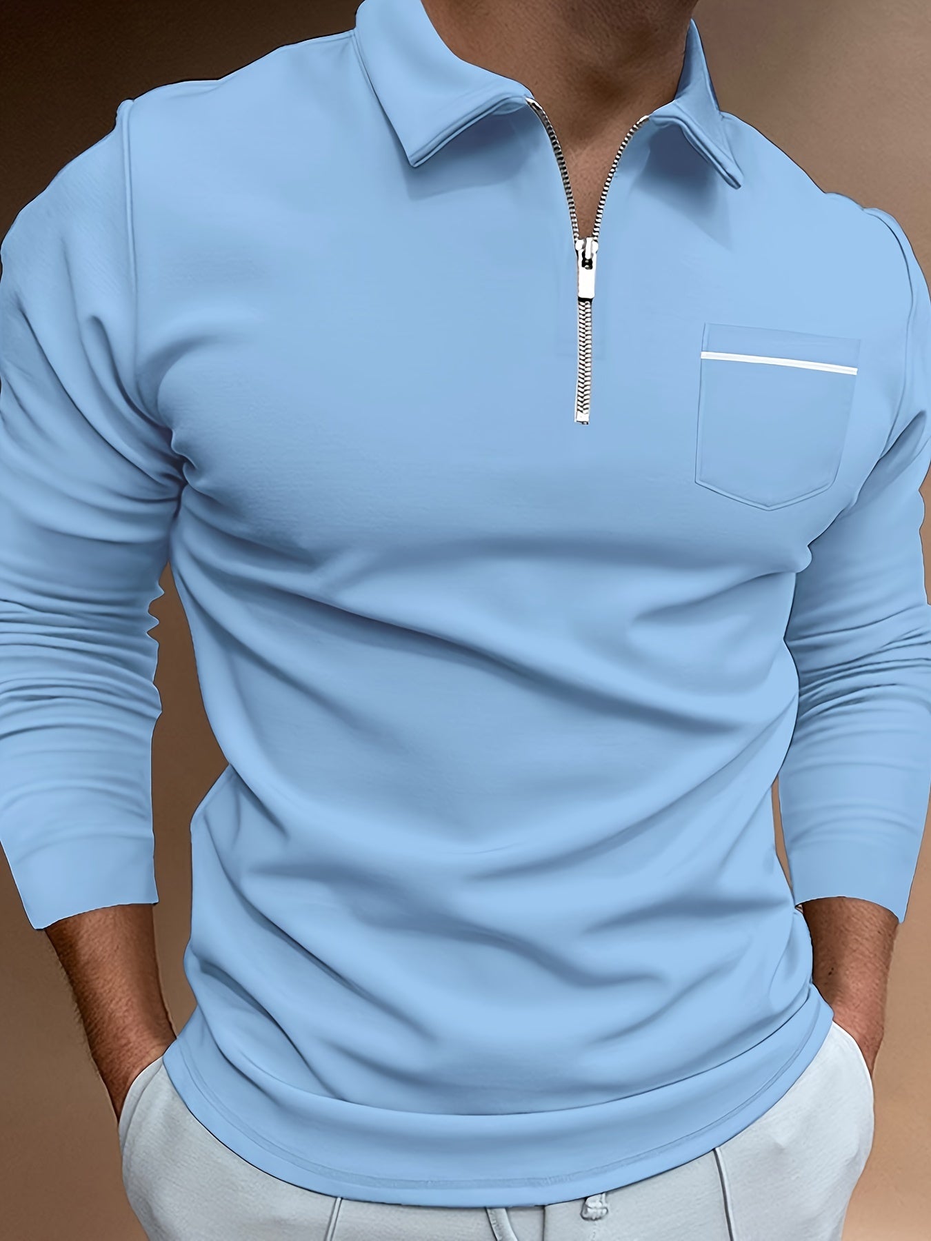 Men's Long Sleeve Solid Zipper Shirt with Lapel Collar and Chest Pocket for Spring Fall Outdoor Wear