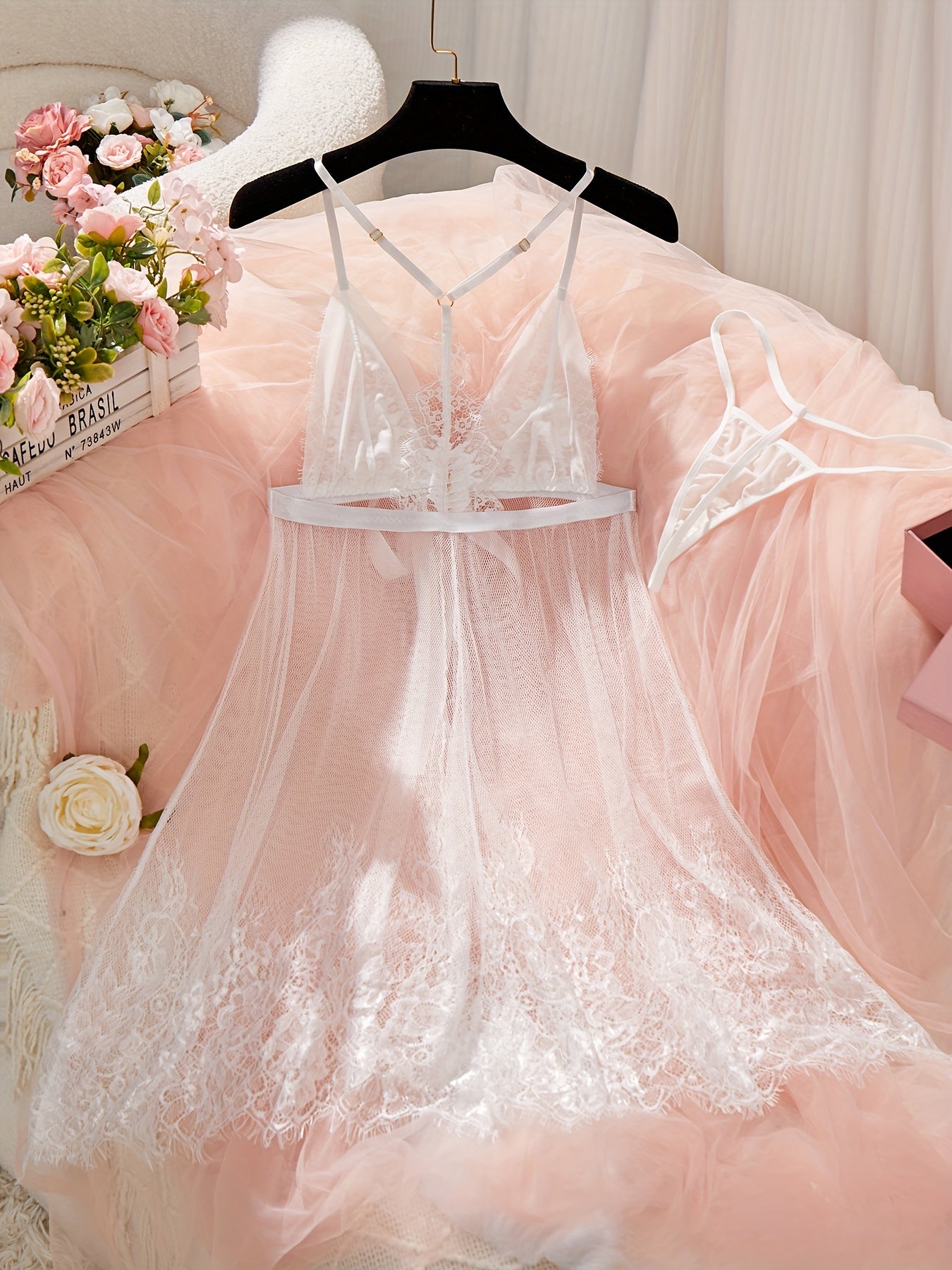 Women's Sheer Lace Babydoll Set with Matching Thong for Bridal Nightwear