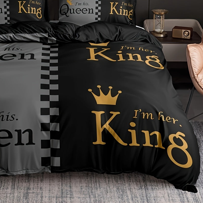 Queen and King Crown Print Bedding Set Duvet Cover Pillowcases Soft Breathable