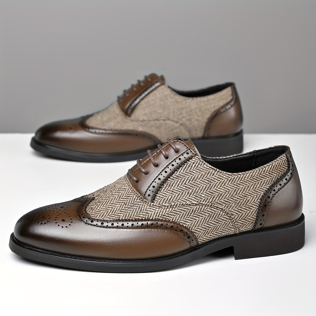 Men's Casual Leather Brogue Oxfords with Wingtip Design Rubber Sole