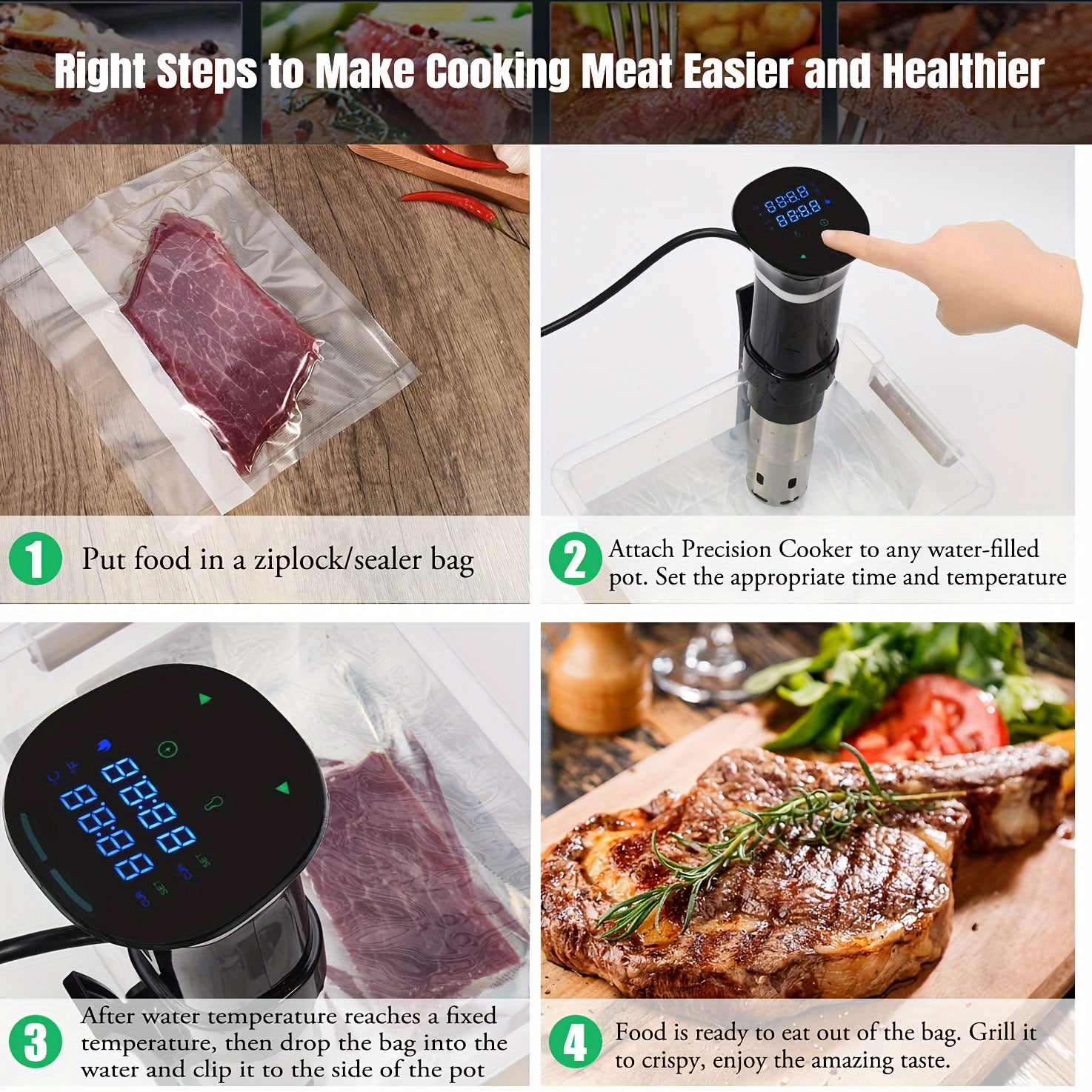 Temperatura nazorati, vaqt sozlamasi bilan Sous Vide Precision Cooker, yumshoq go‘sht va mukammal bifshteks uchun, Evropa rozetkasi.