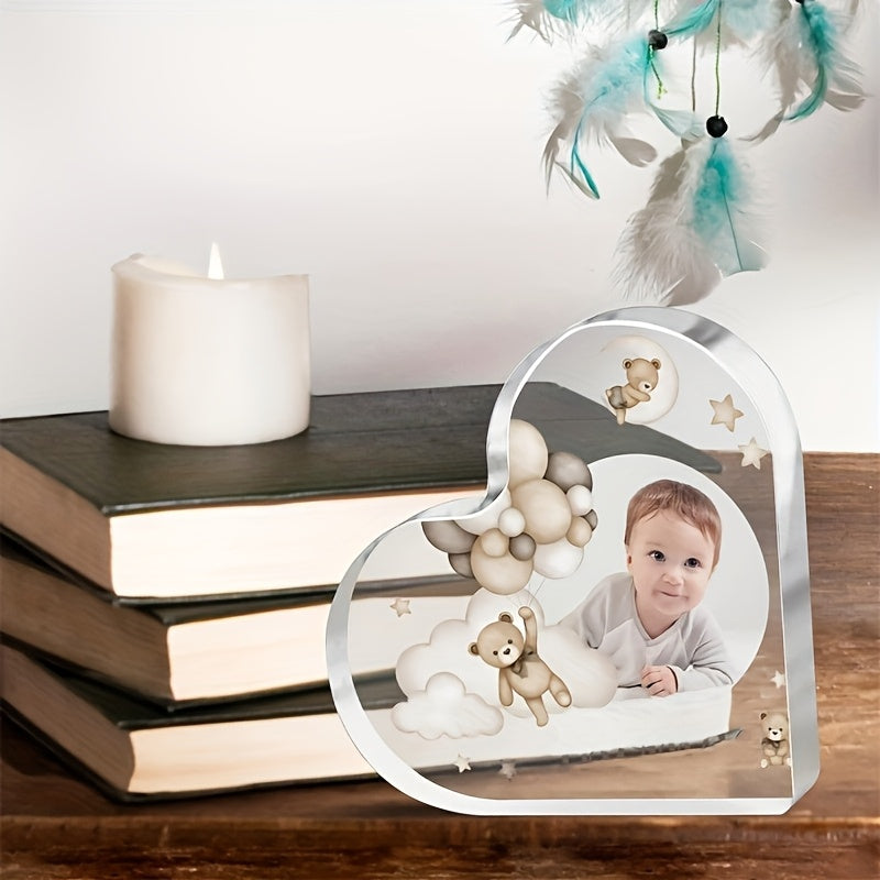 Customizable Acrylic Heart Photo Frame with Teddy Bear Design for Teens 14+