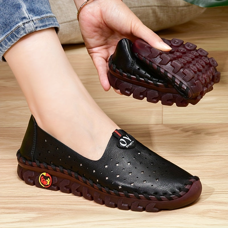 Women's Perforated Flat Shoes Solid Color Slip-On Breathable Loafers
