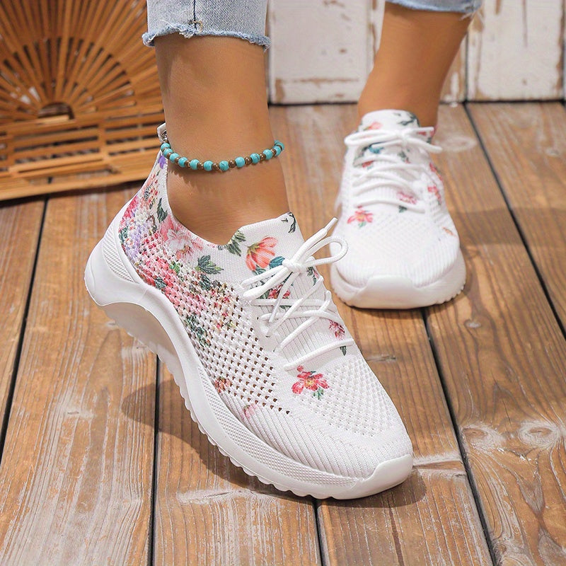 Zapatillas de punto con estampado floral para mujer, zapatillas de correr de caña baja con cordones