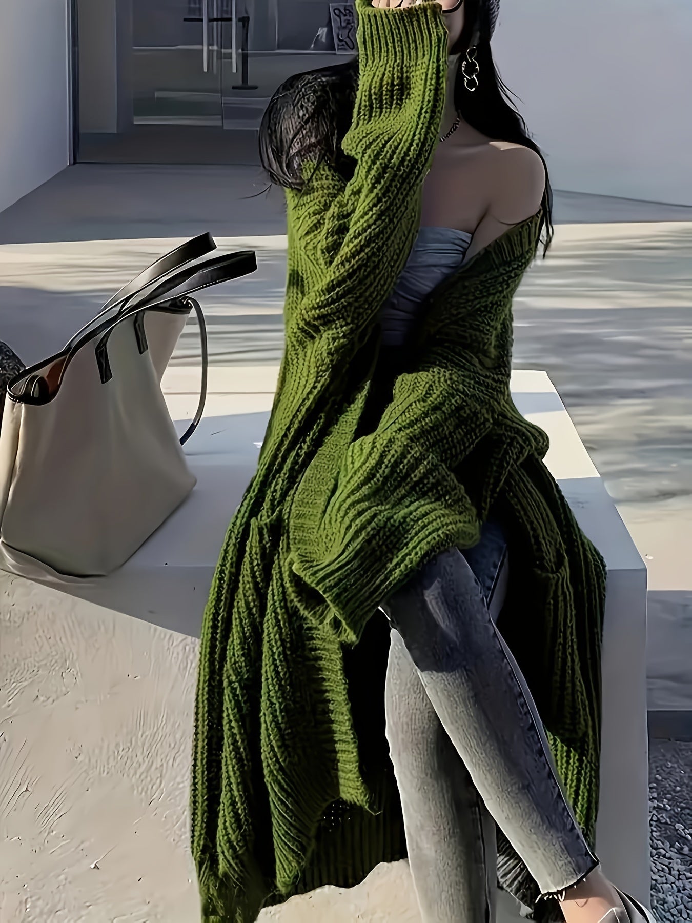 Женский кардиган с длинными рукавами и открытой передней частью, большой размер, повседневный, однотонный, вязаный