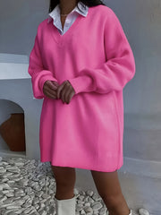 Women's Oversized Polyester V-Neck Sweater Long Sleeve Solid Color Pullover Fall Winter