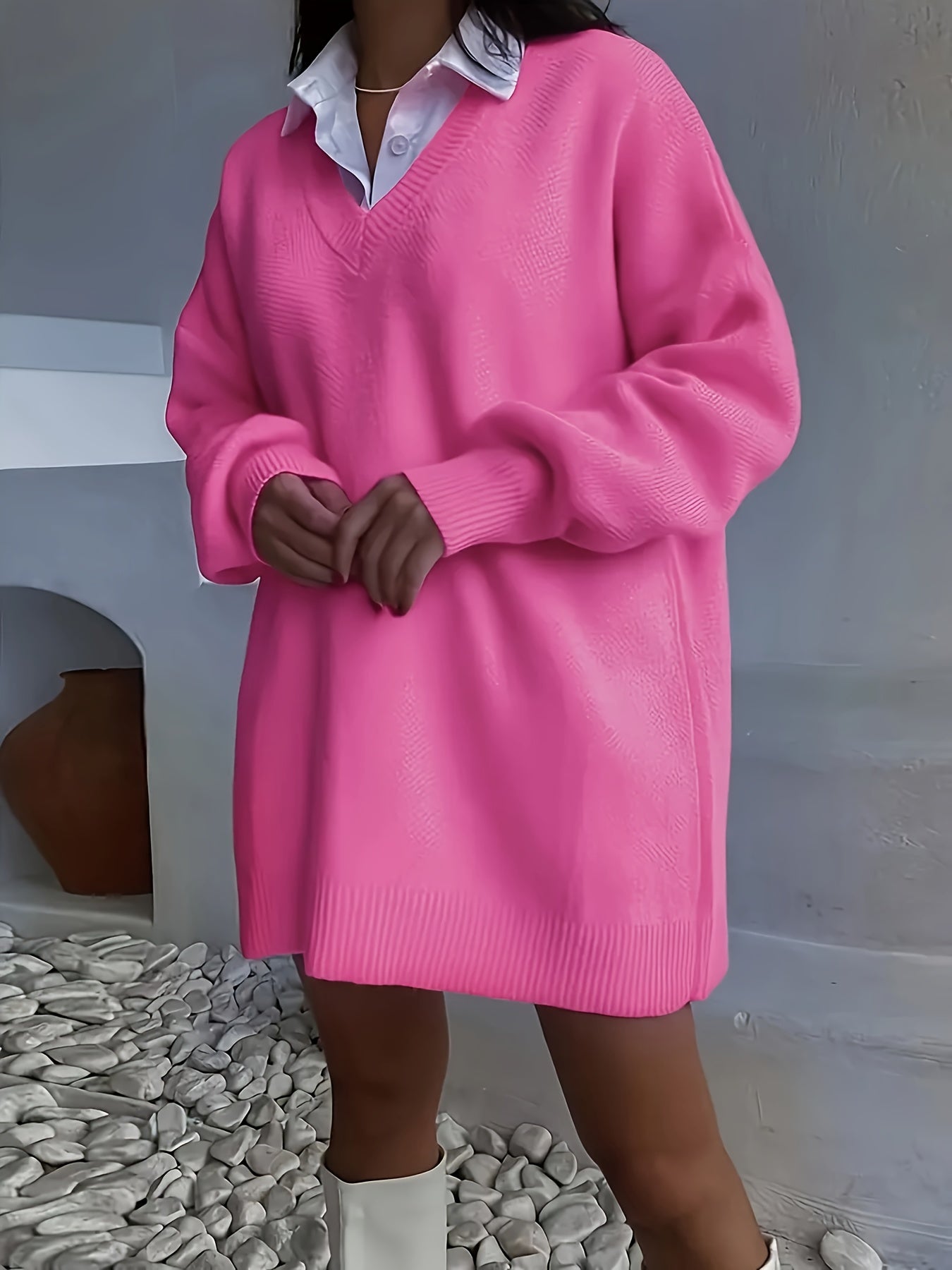Women's Oversized Polyester V-Neck Sweater Long Sleeve Solid Color Pullover Fall Winter