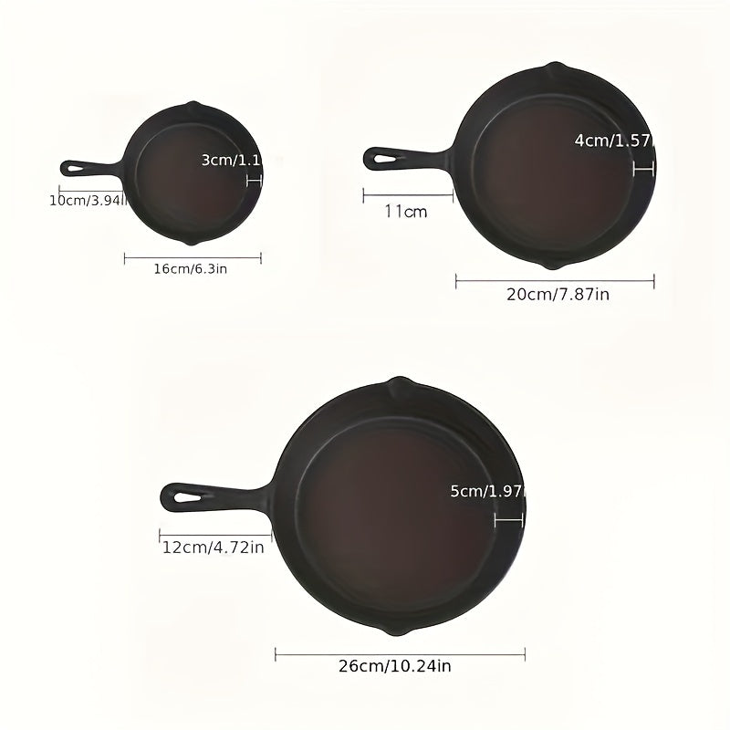 Set of 3 Cast Iron Skillets Non-Stick Coating Multi-Purpose Cookware with Pouring Spout