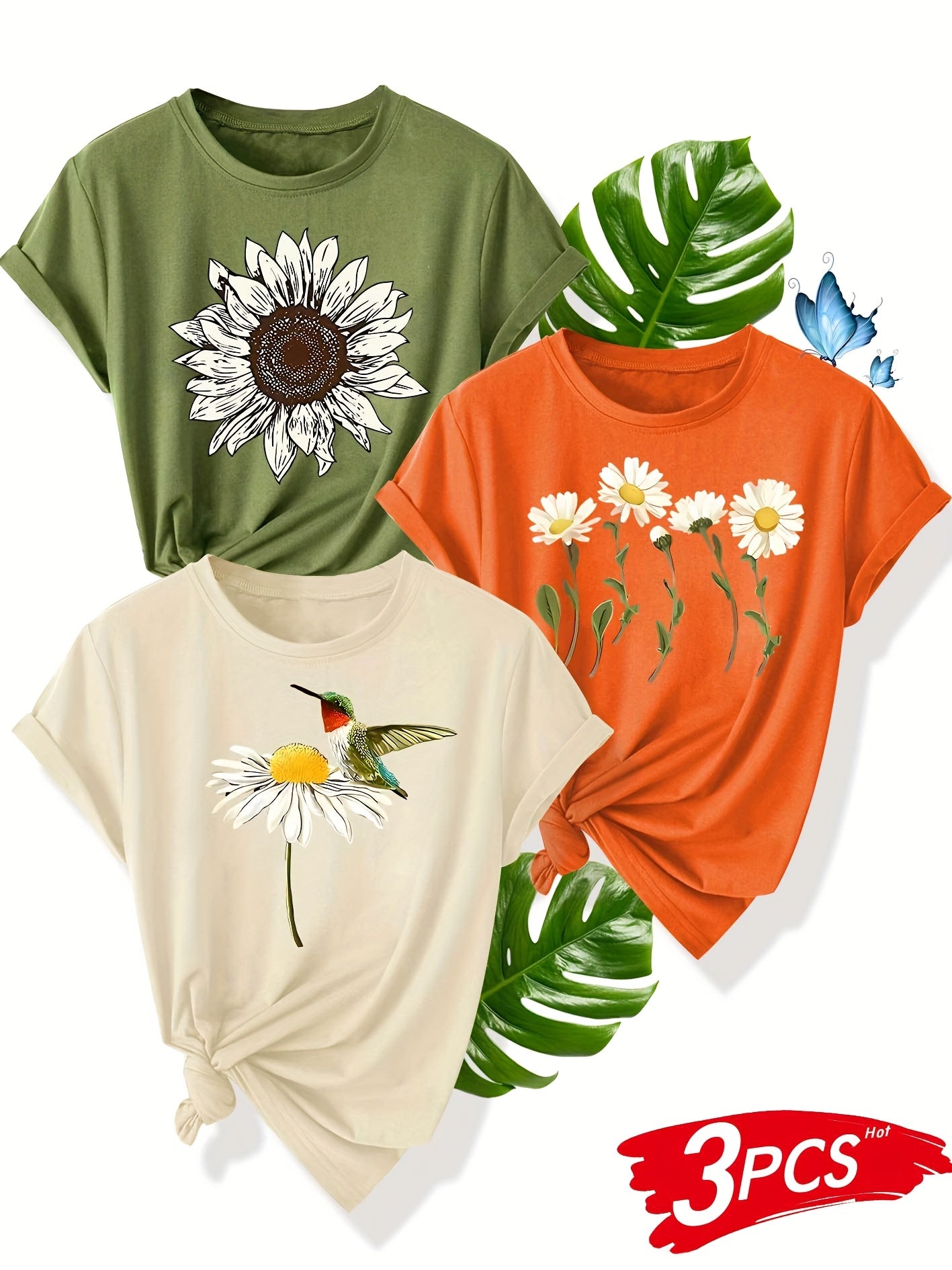 Women's Vintage Style Multi-Flower Short Sleeve T-Shirt in Various Colors