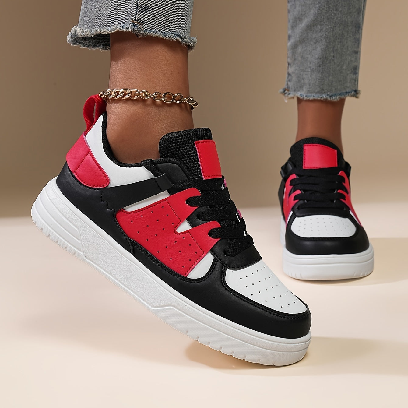 Women's Rose Pink Black Sneakers Breathable Comfortable Lace-Up Casual Shoes