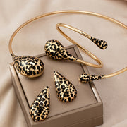 Women's Leopard Print Jewelry Set with Collar Bangle and Stud Earrings