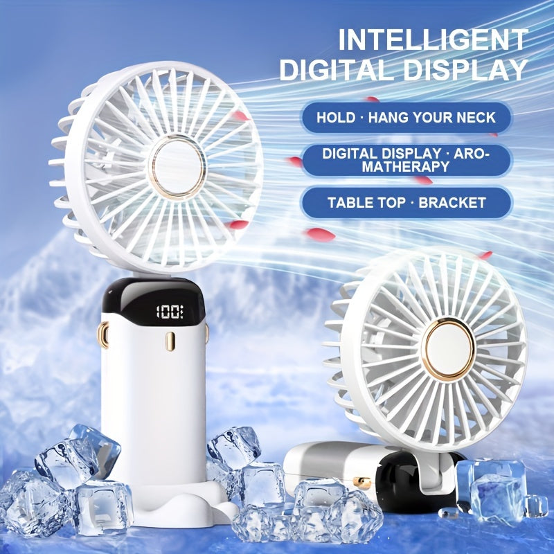 Rechargeable Handheld Fan with USB, Foldable Design, Digital Battery Indicator