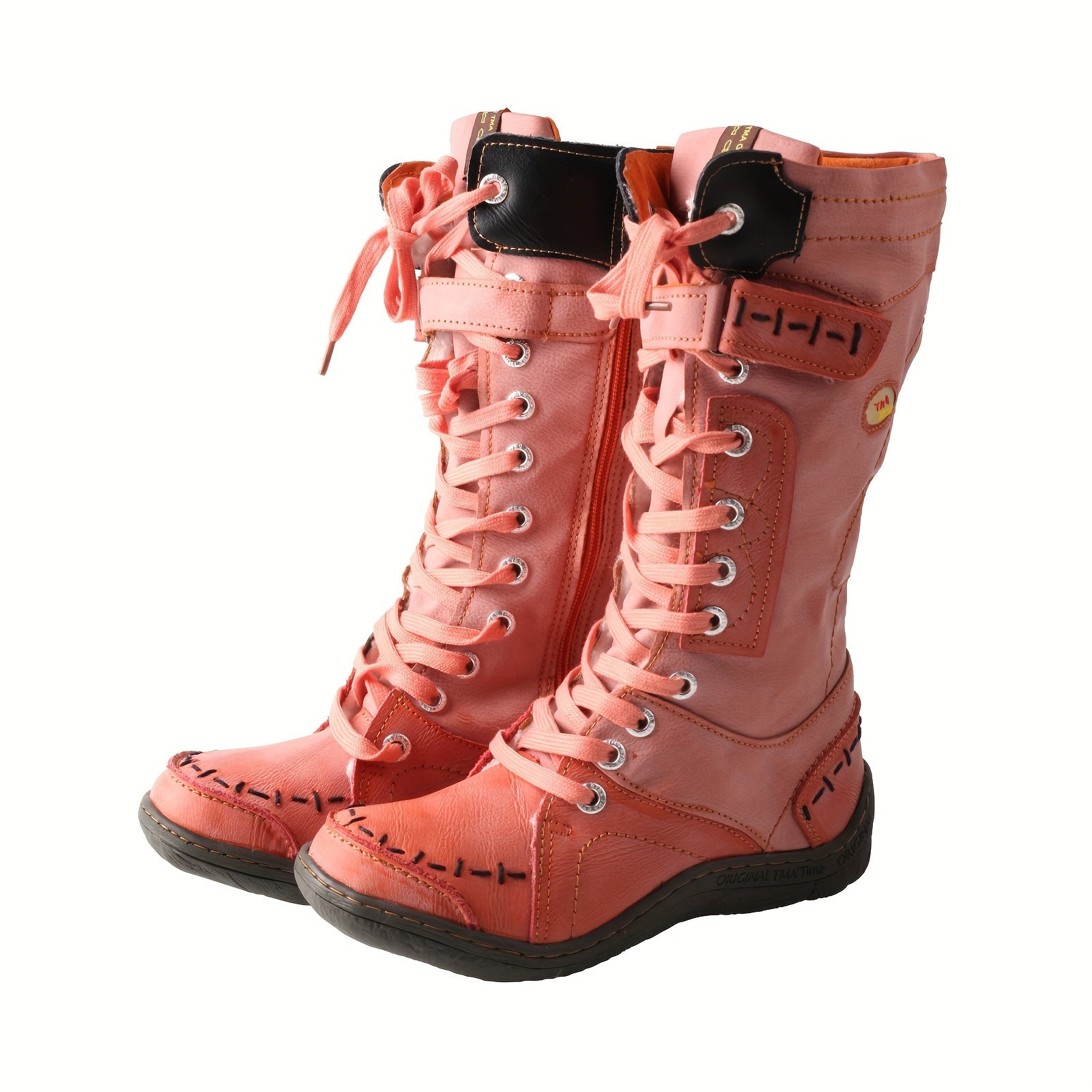 Women's Leather Fleece Lined Color-Blocking Hiking Boots Non-Slip Mid-Calf