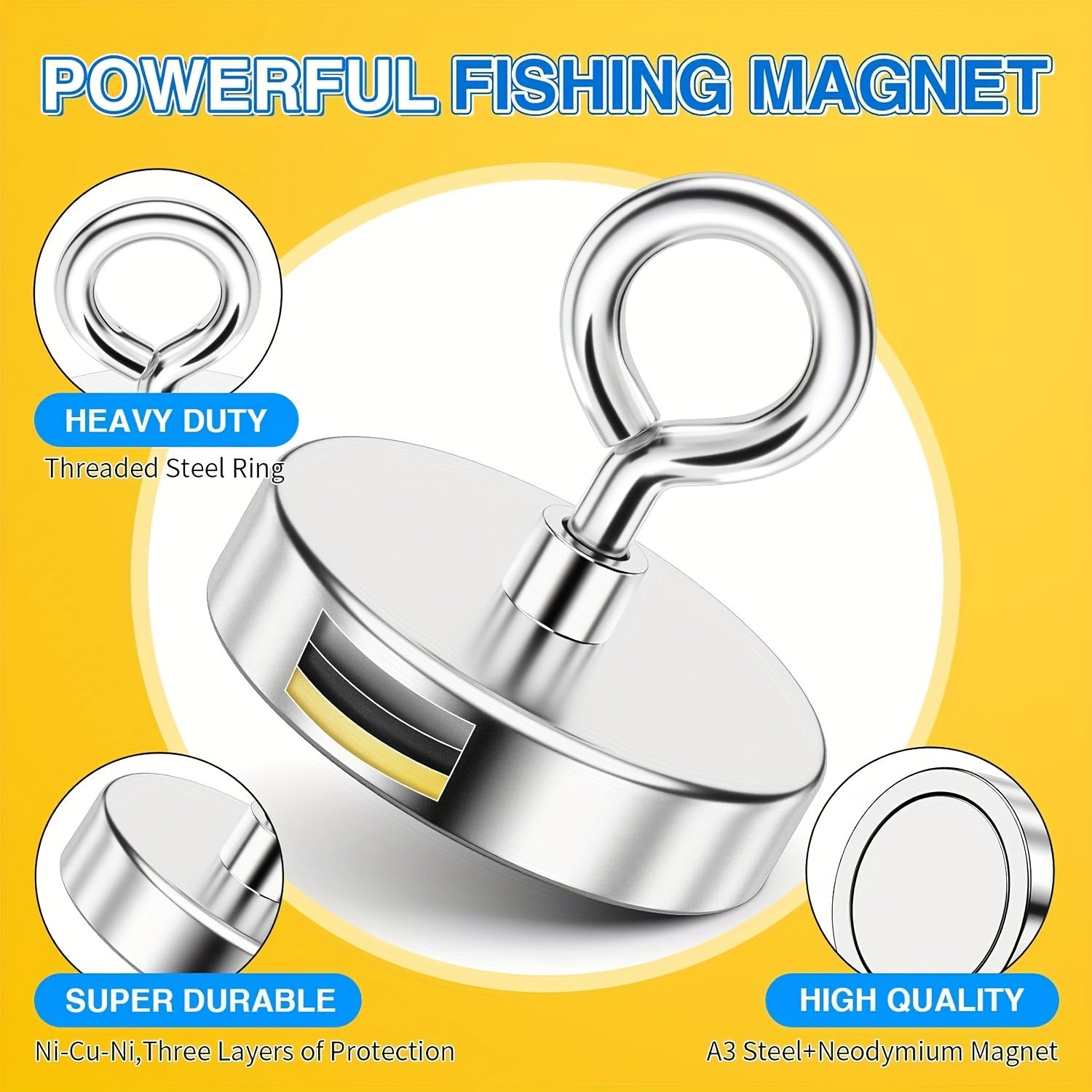 Neodymium Fishing Magnet with Eyebolt Heavy Duty Metal Wall Mount Polished Finish