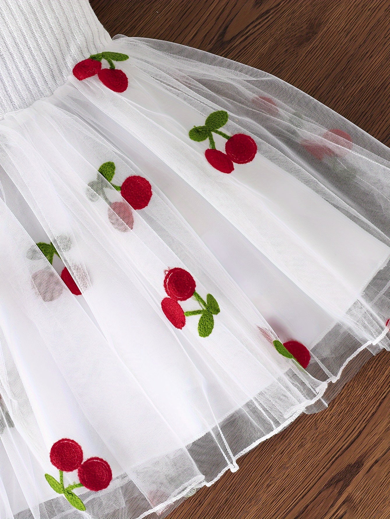 Girls' Dress Set with Ruffle Top and Cherry Embroidered Mesh Dress for Spring Fall