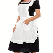Ayollar va qizlar uchun cho'ntakli oq vintage ruffle apron, oshxona va tozalash ishlariga mos keladi.