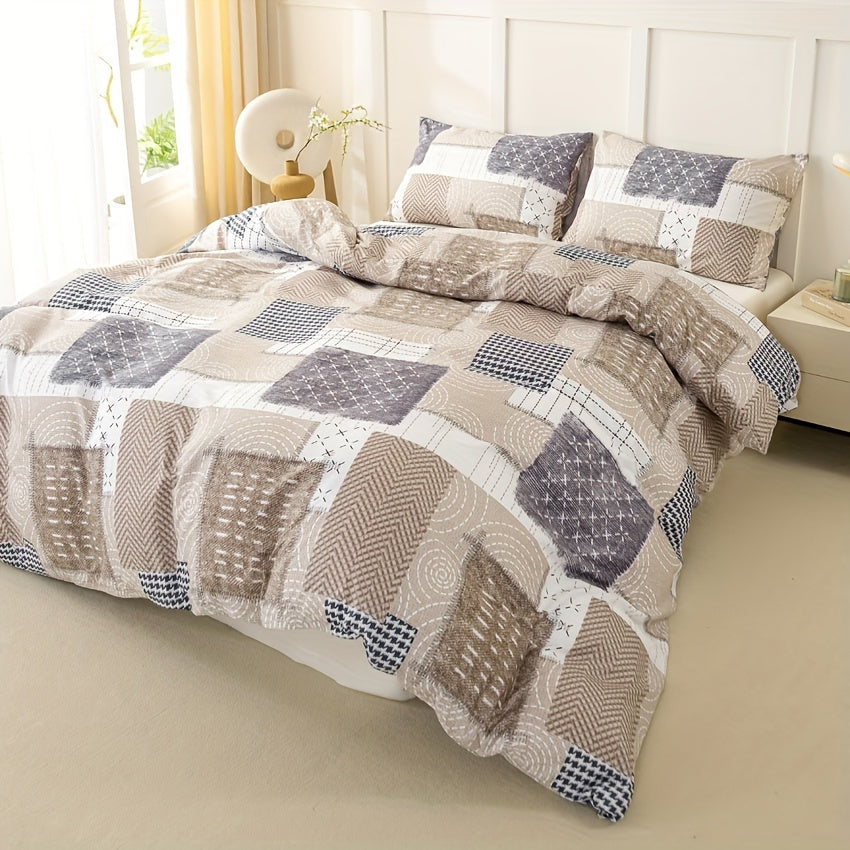 Full Size Cozy Duvet Cover Set with Patchwork Design and Zipper Closure Includes 1 Duvet Cover and 2 Pillowcases