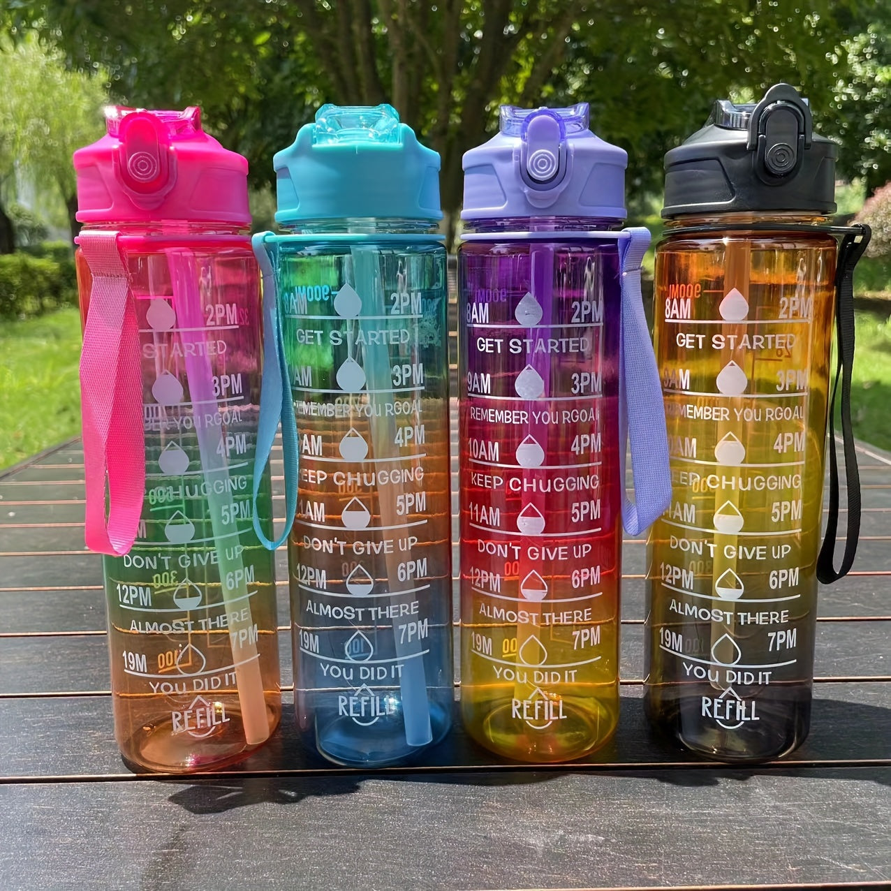 Set of 3 Gradient Color Motivational Water Bottles 64oz 32oz 15oz with Phone Holder