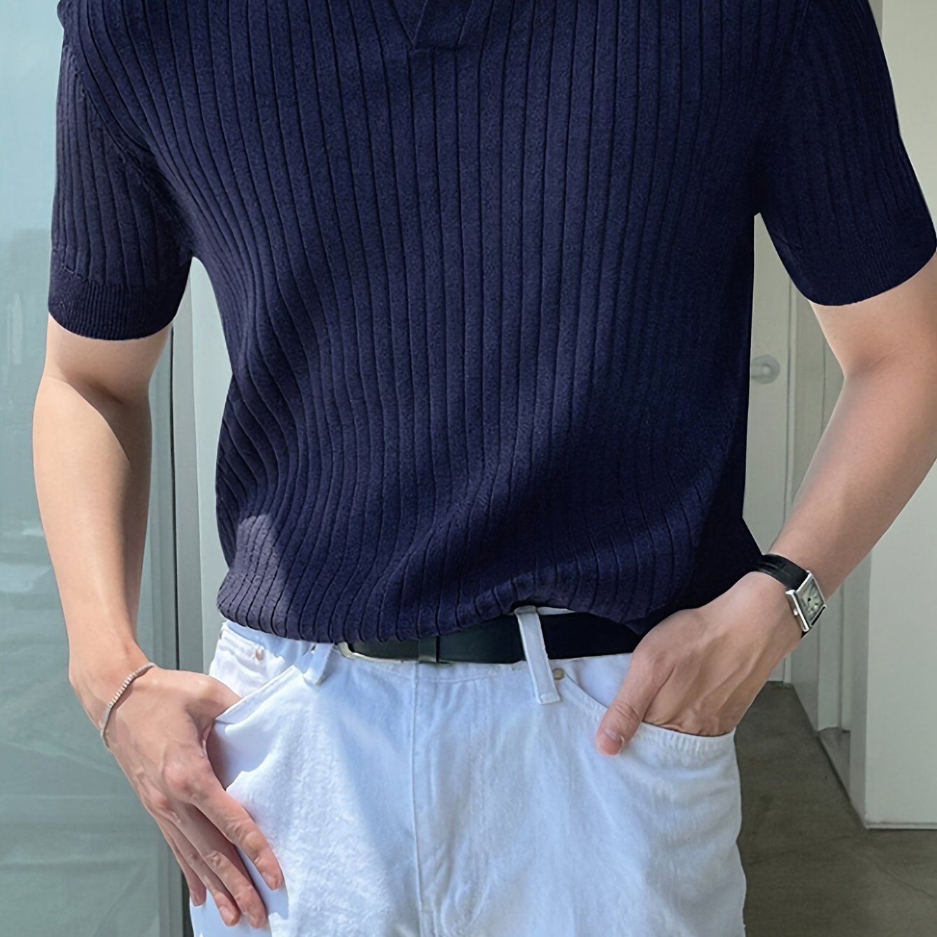 Men's Solid Ribbed Short Sleeve Golf Shirt Casual Summer Regular Fit Mid Stretch