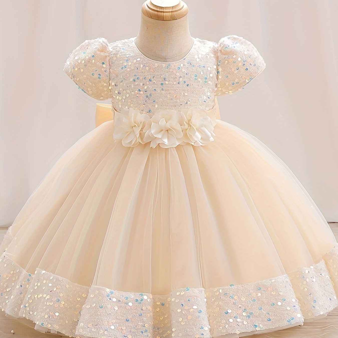 Girls Sparkling Midi Dress with 3D Flower Decor Sequin and Belt for Weddings Parties