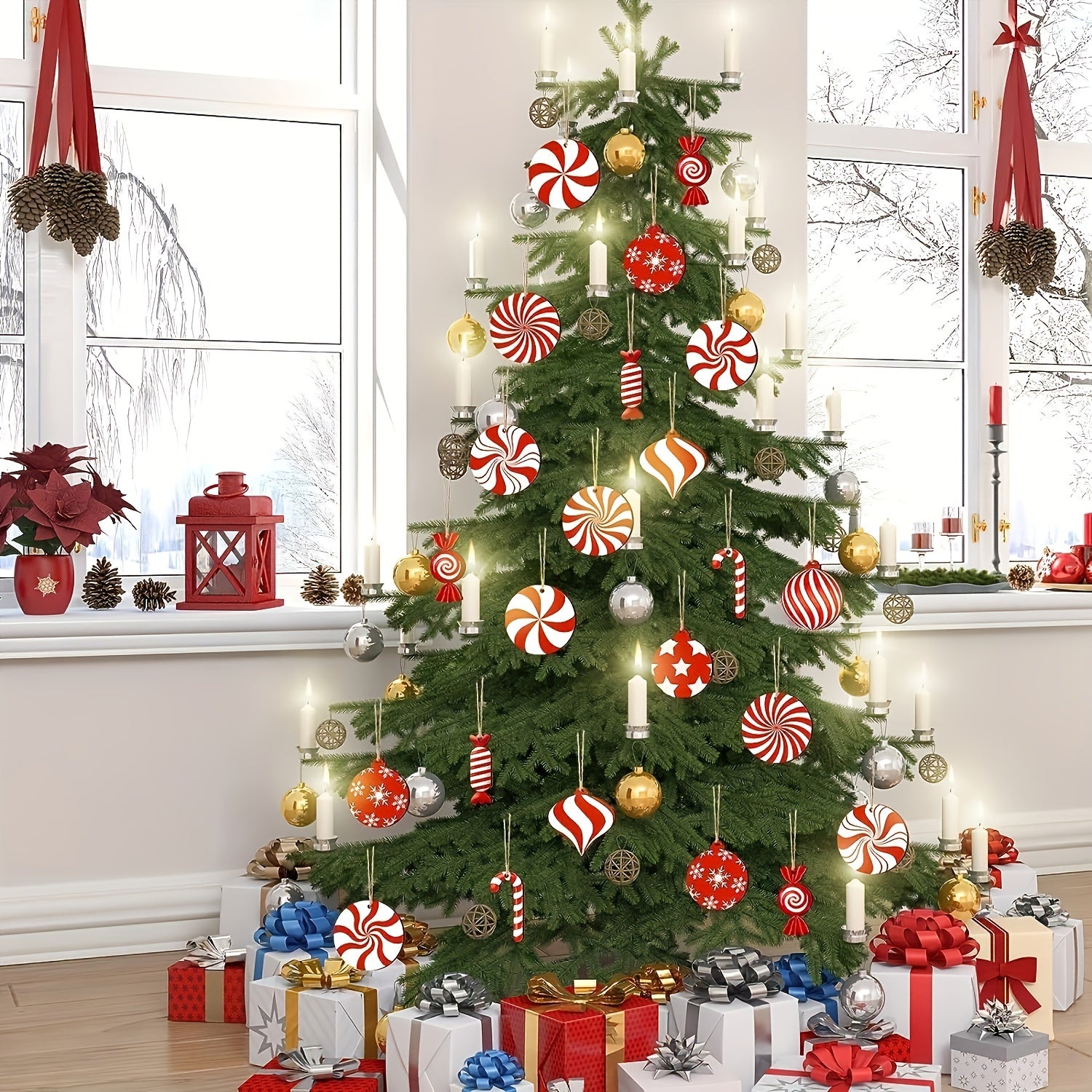 Wooden Christmas Candy Ornaments for Tree Decoration Set of 24