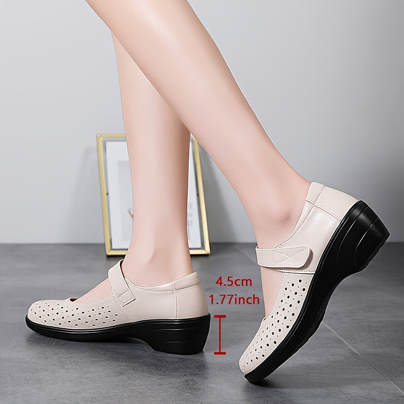 Women's Breathable Wedge Sandals White Perforated Mary Jane Comfort Shoes