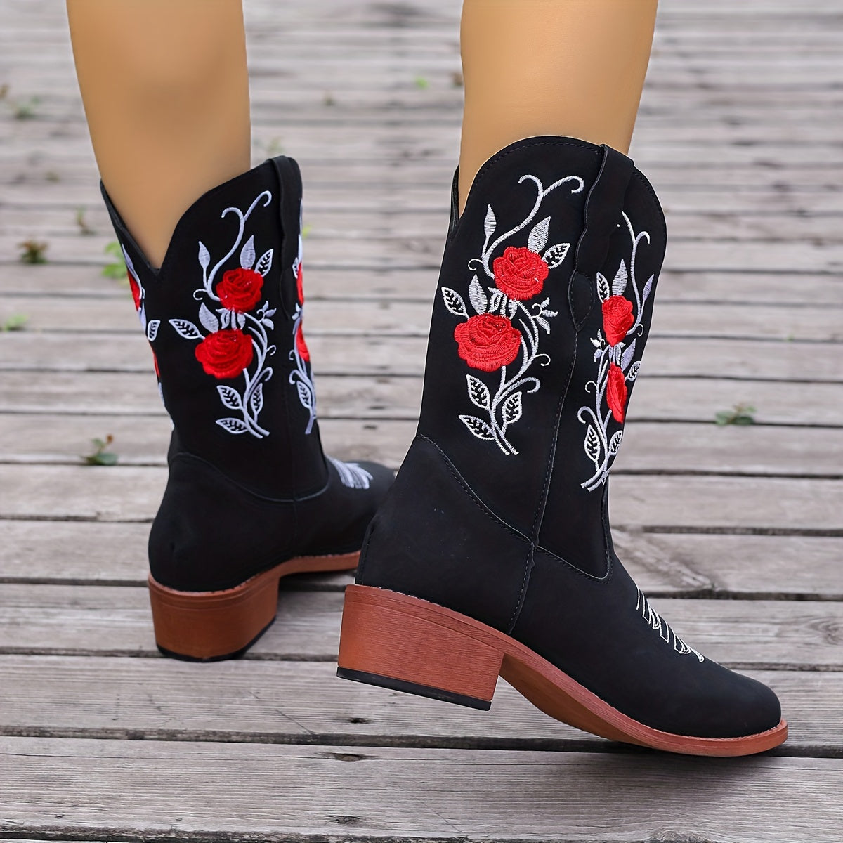 Women Embroidered Western Cowboy Boots Black Red Floral Mid-Calf Comfortable Slip-On