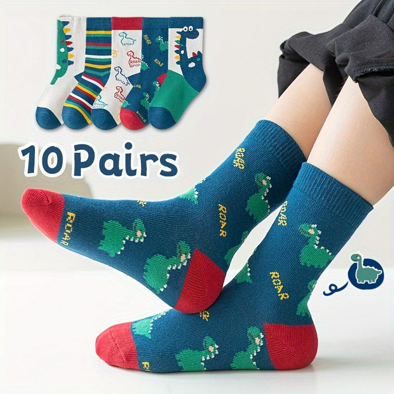 Boys' Dinosaur Pattern Crew Socks 10 Pairs All-Season Cotton Blend