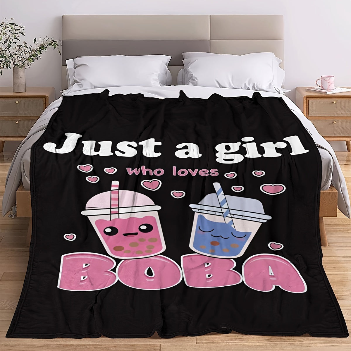 Anime Boba Milk Tea Fleece Blanket for Girls Soft Plush Flannel Bed Chair Throw