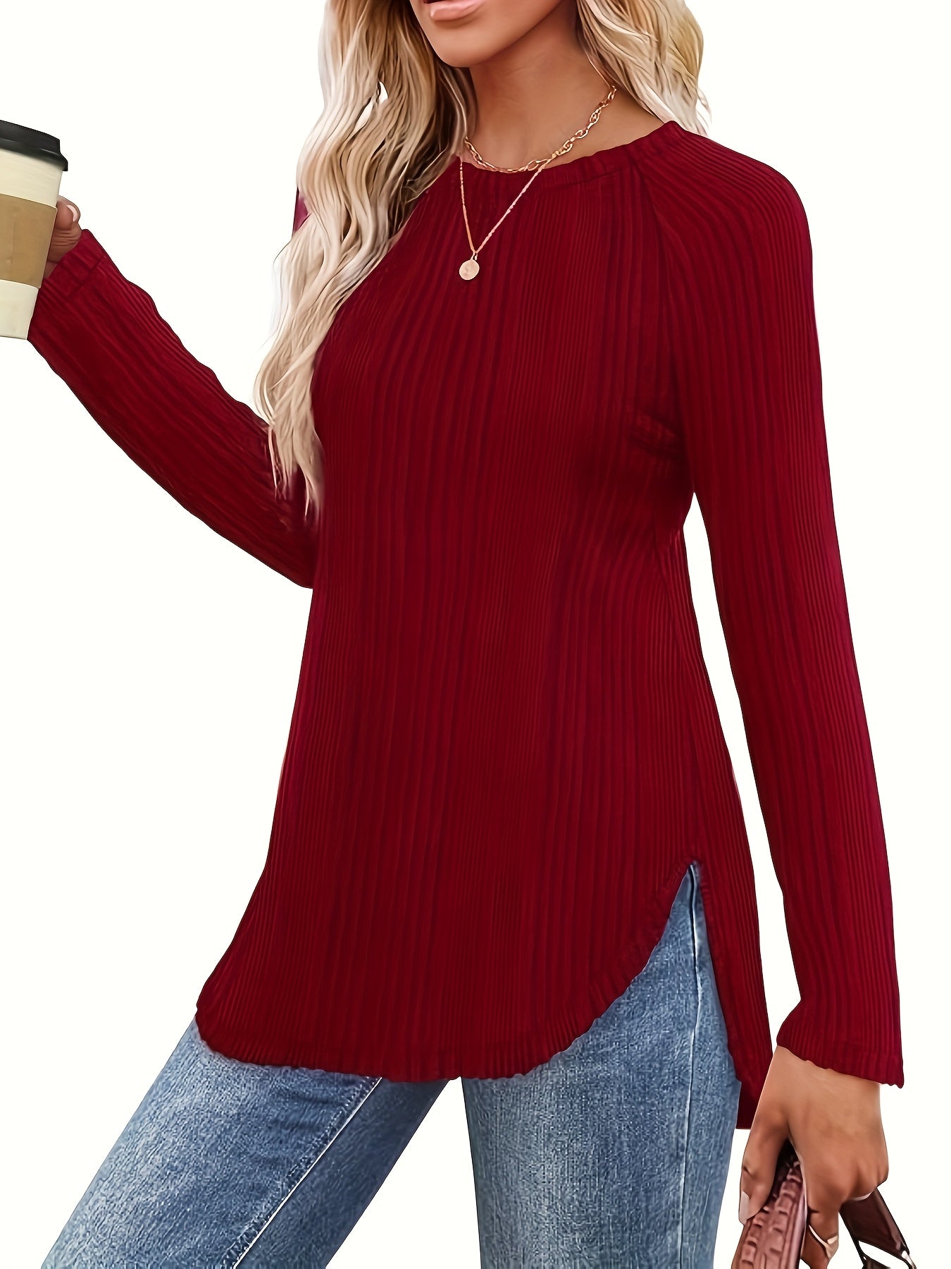 Women's Ribbed Sweater Long Sleeve Round Neck Pullover Solid Color Casual Top
