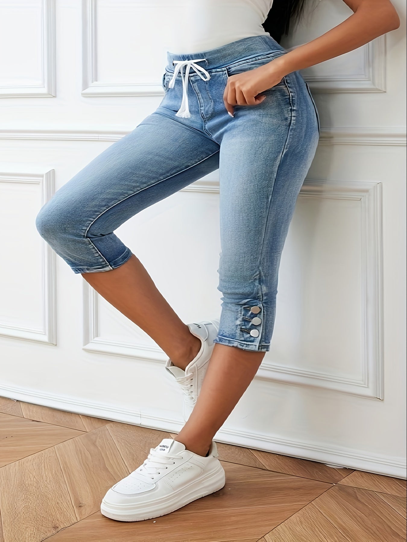 Women's High-Elastic Drawstring Cropped Pants Fitted Waist Black Size S