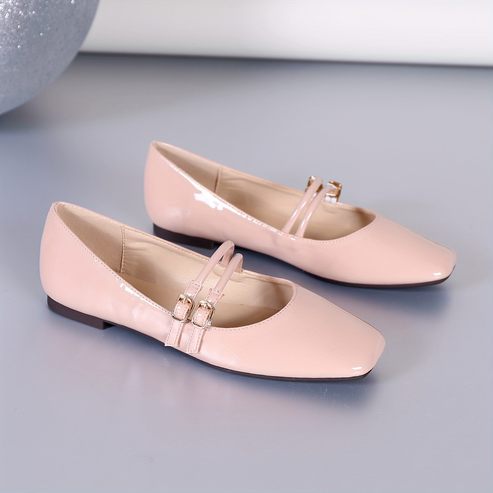 Women's Square Toe Flat Shoes Solid Color Double Buckle Flats