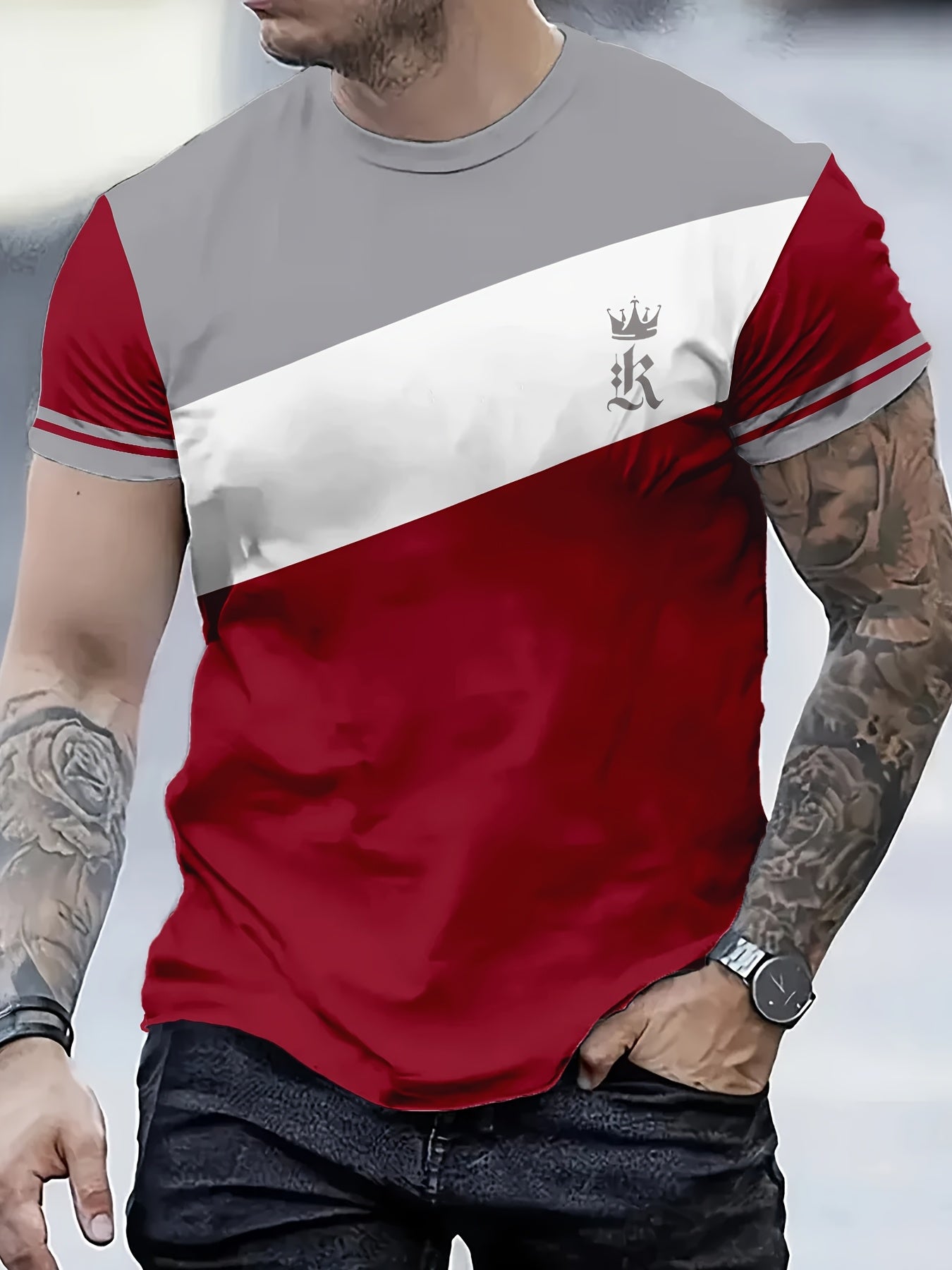Camiseta de manga corta para hombre en negro, gris y blanco, de poliéster, transpirable y casual