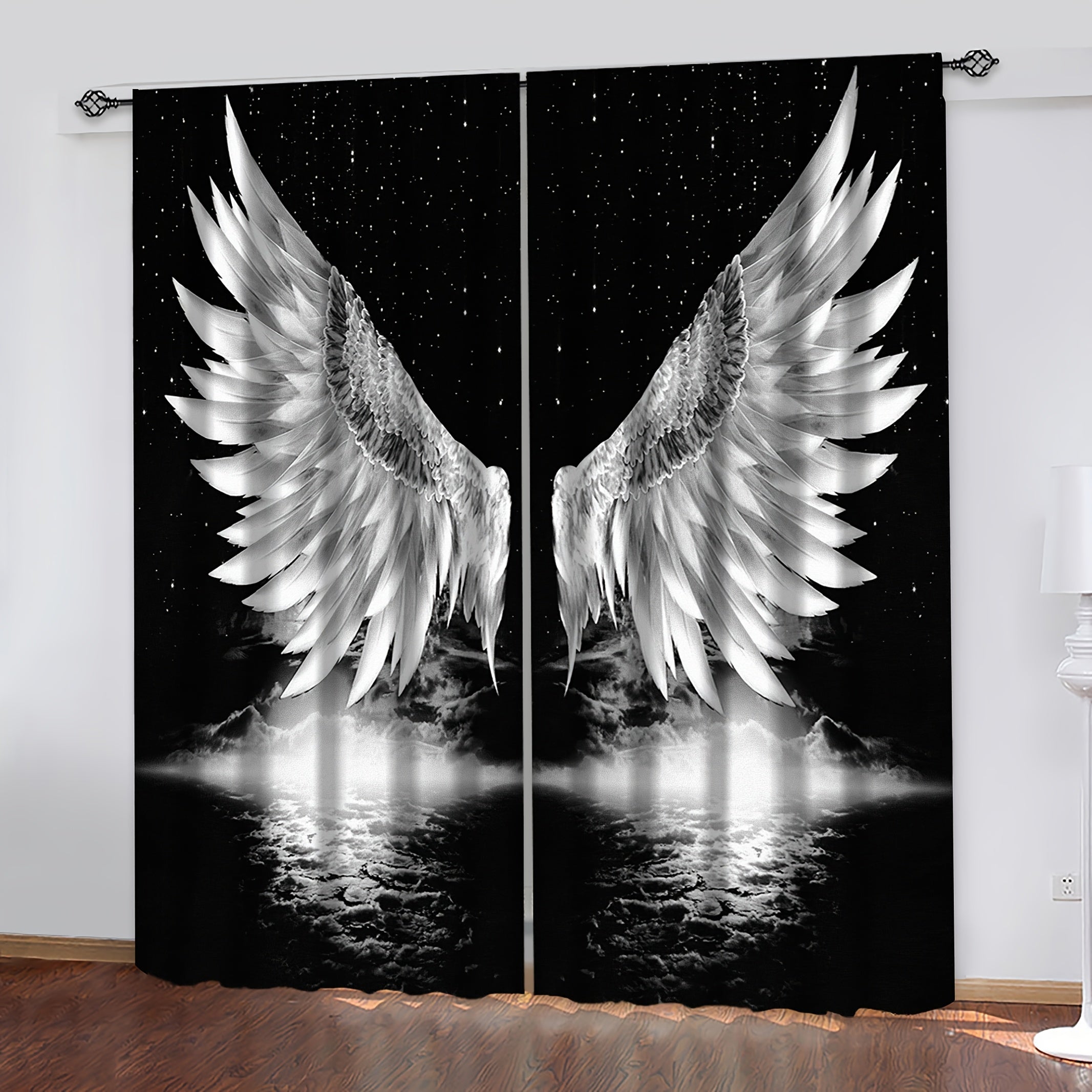 Black Art Window Curtains Angel Wings Stars Celestial Decor for Bedroom Living Room Office