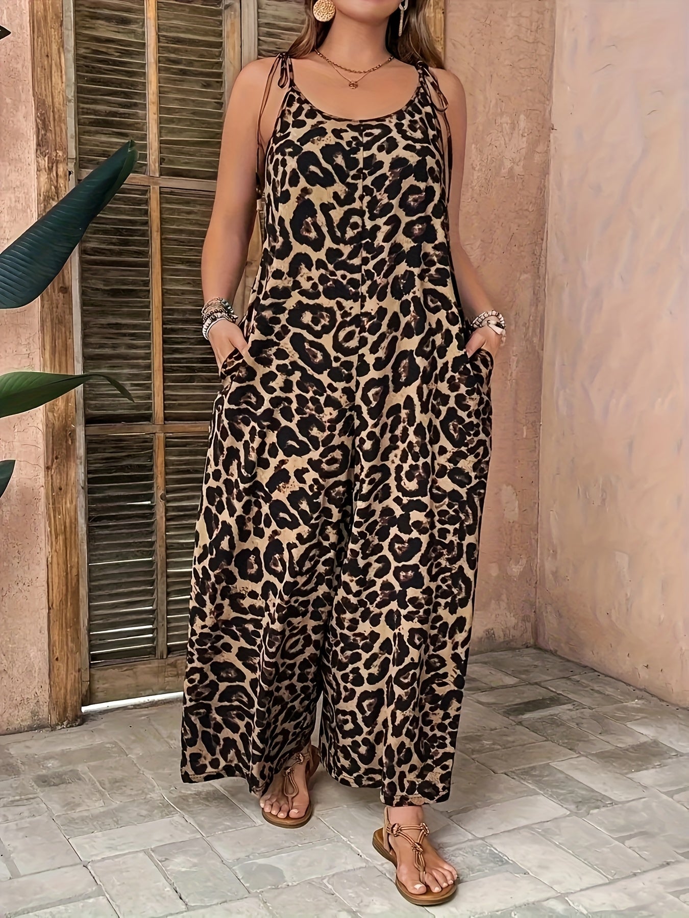 Plus Size Women's Leopard Print Jumpsuit With Pockets and Wide Leg Style