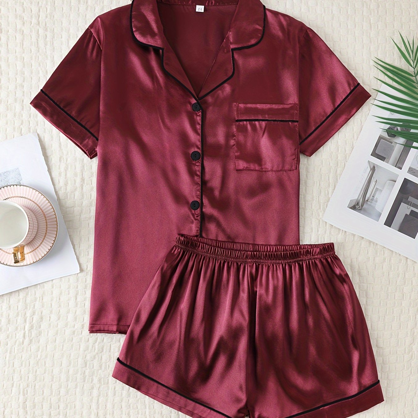 Women's Satin Lounge Set Short Sleeve Button-Up Top with Lapel Collar and Elastic Shorts