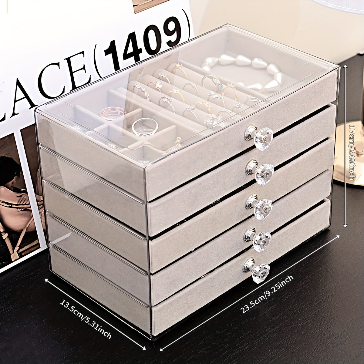 Velvet Jewelry Organizer with 5 Tiers Drawer Storage for Rings Earrings Necklaces and Bracelets
