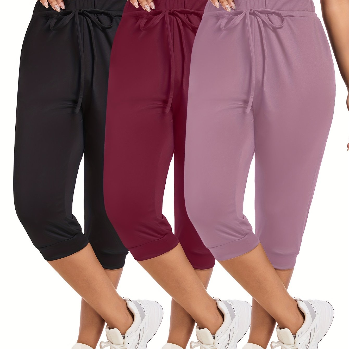 Plus Size Women's Yoga Capris Pack of 3 Maroon Drawstring Pockets Stretch Polyester