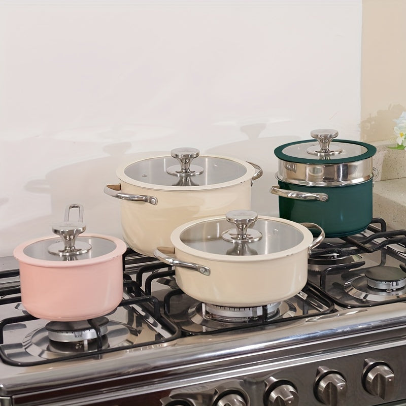 Stainless Steel Cookware Set with Sauce Pan Soup Pot Casserole and Steamer in Beige White Pink Green