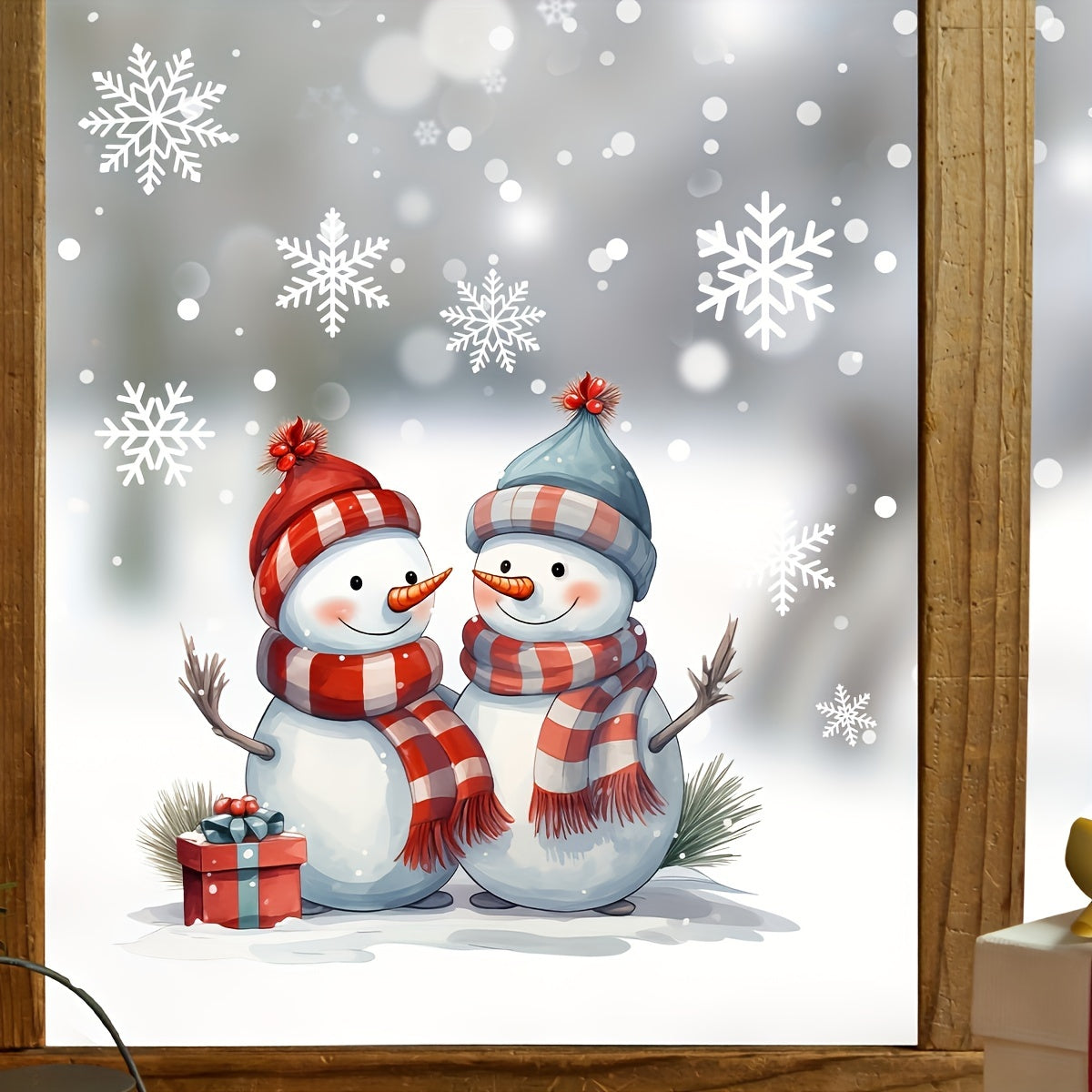 Red and Blue Hat Snowman Christmas Window Decals, PVC Static Cling Stickers
