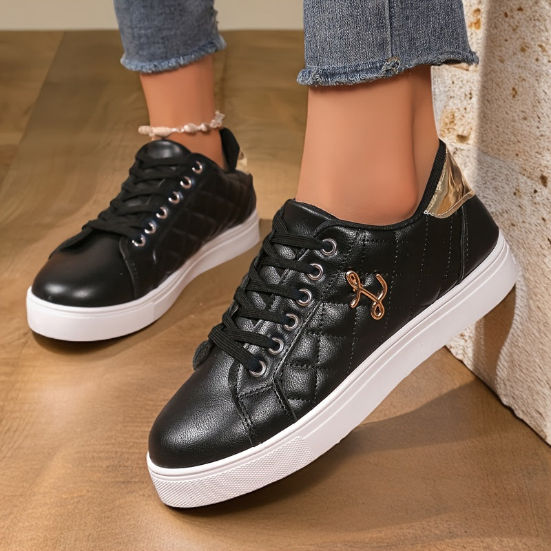 Women's White Lace-Up Sneakers Casual Low Tops Durable Rubber Sole