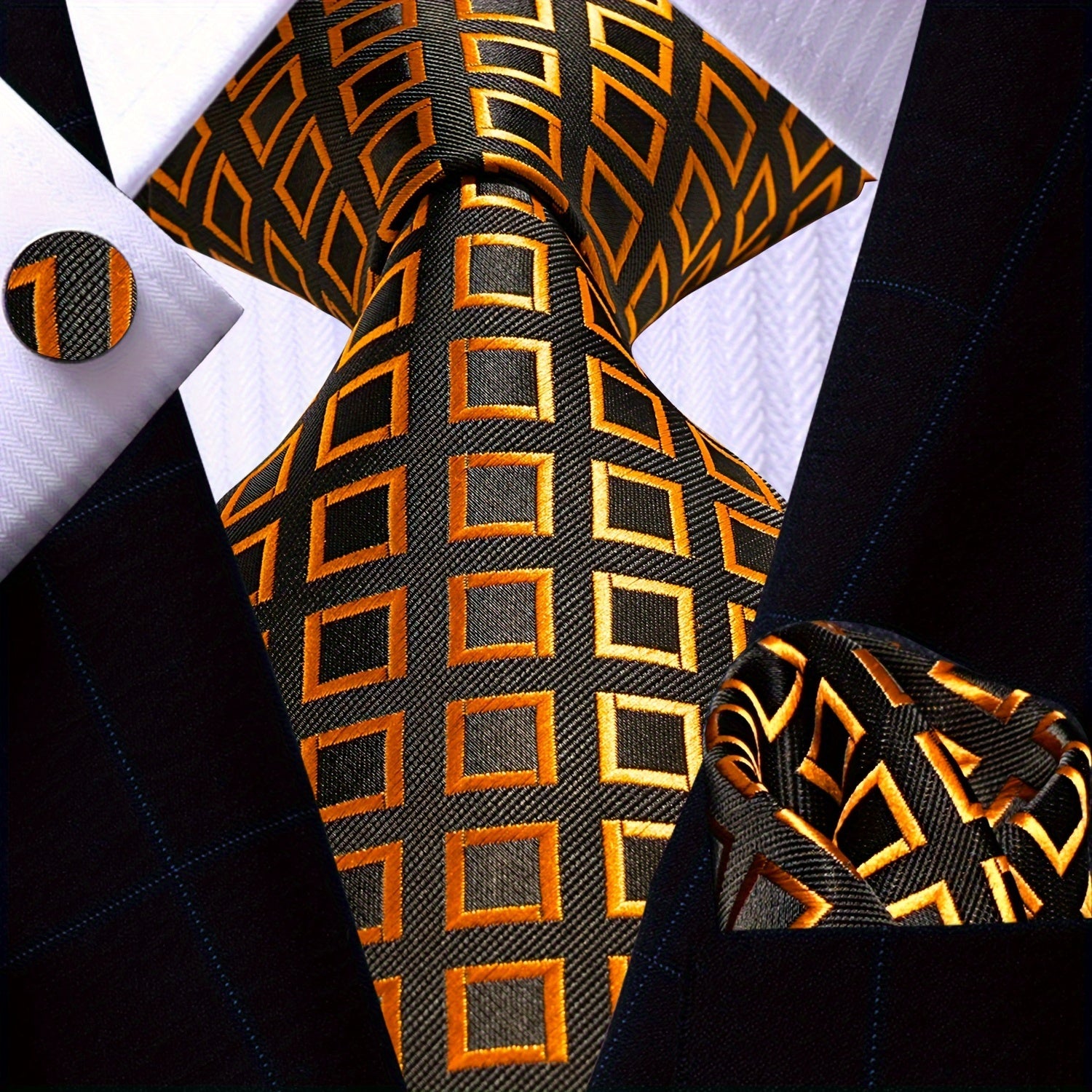 Men's Gold Accessories Set Tie Pocket Square Cufflinks for Weddings Business