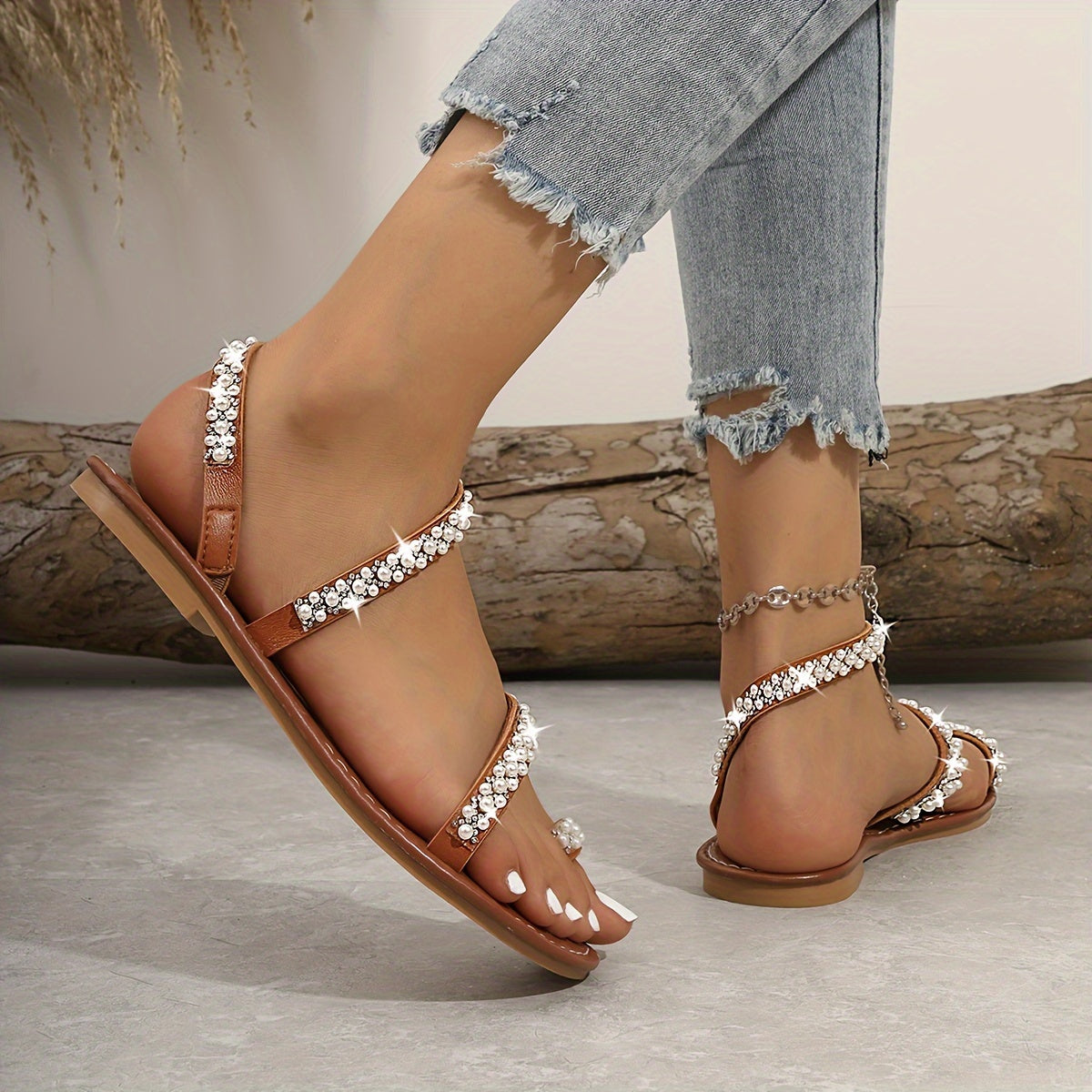 Women's Flat Sandals Rhinestone Faux Pearl Toe Loop Summer Beach Shoes