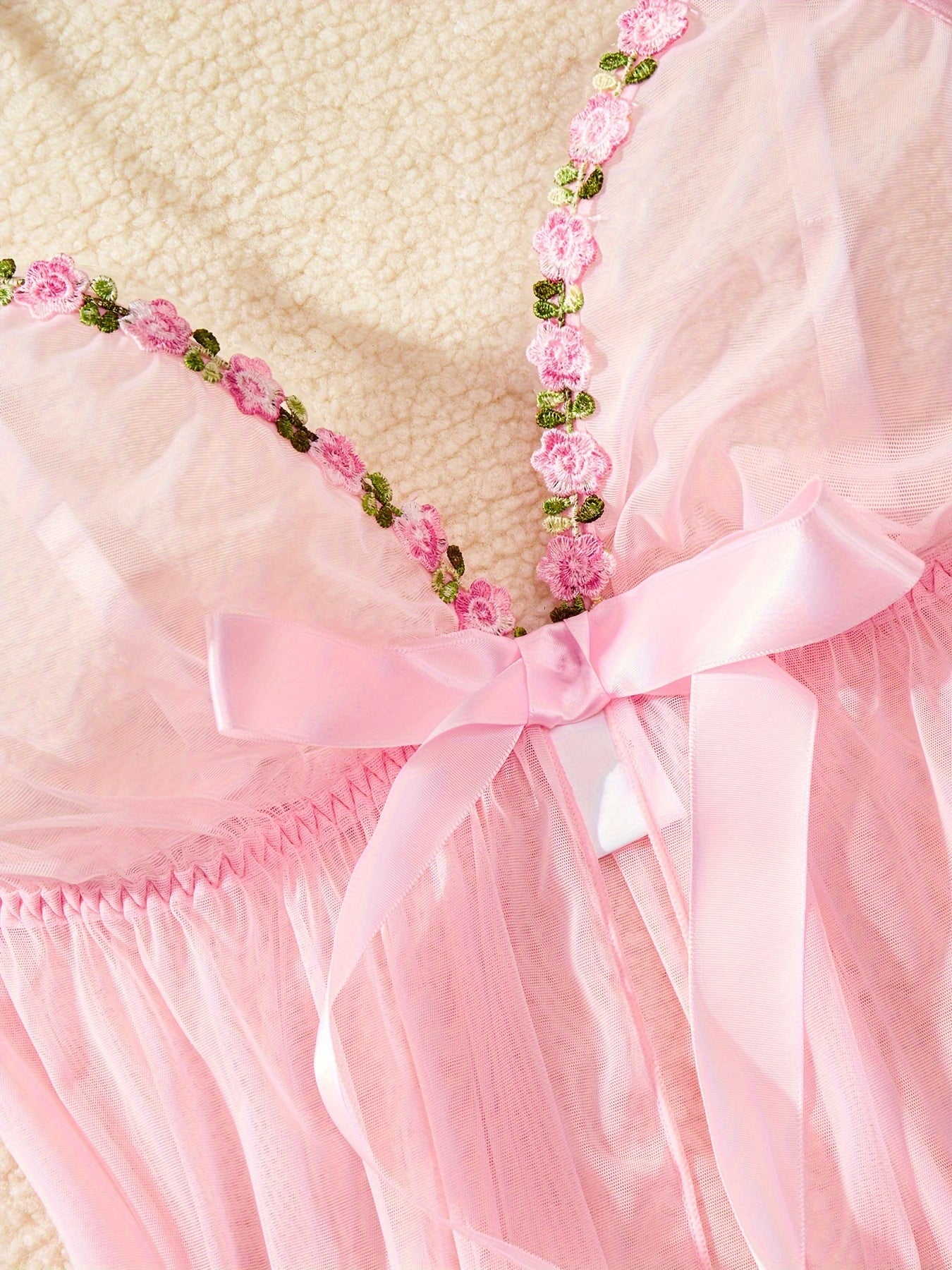 See-Through Mesh Lingerie Set with Floral Bow Pattern Deep V Slip Dress and Crotch Panty for Women