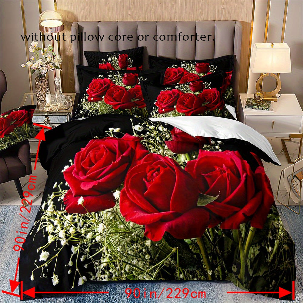 Imitation Rose Print Duvet Cover Set with Pillowcases for Bedroom or Guest Room