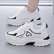 Women's White Sneakers with Black Accents Casual Running Shoes Thick Sole