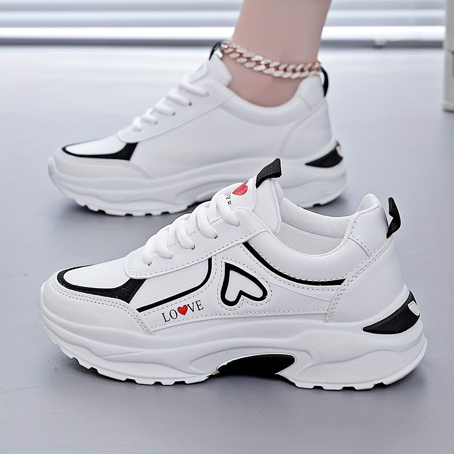 Women's White Sneakers with Black Accents Casual Running Shoes Thick Sole