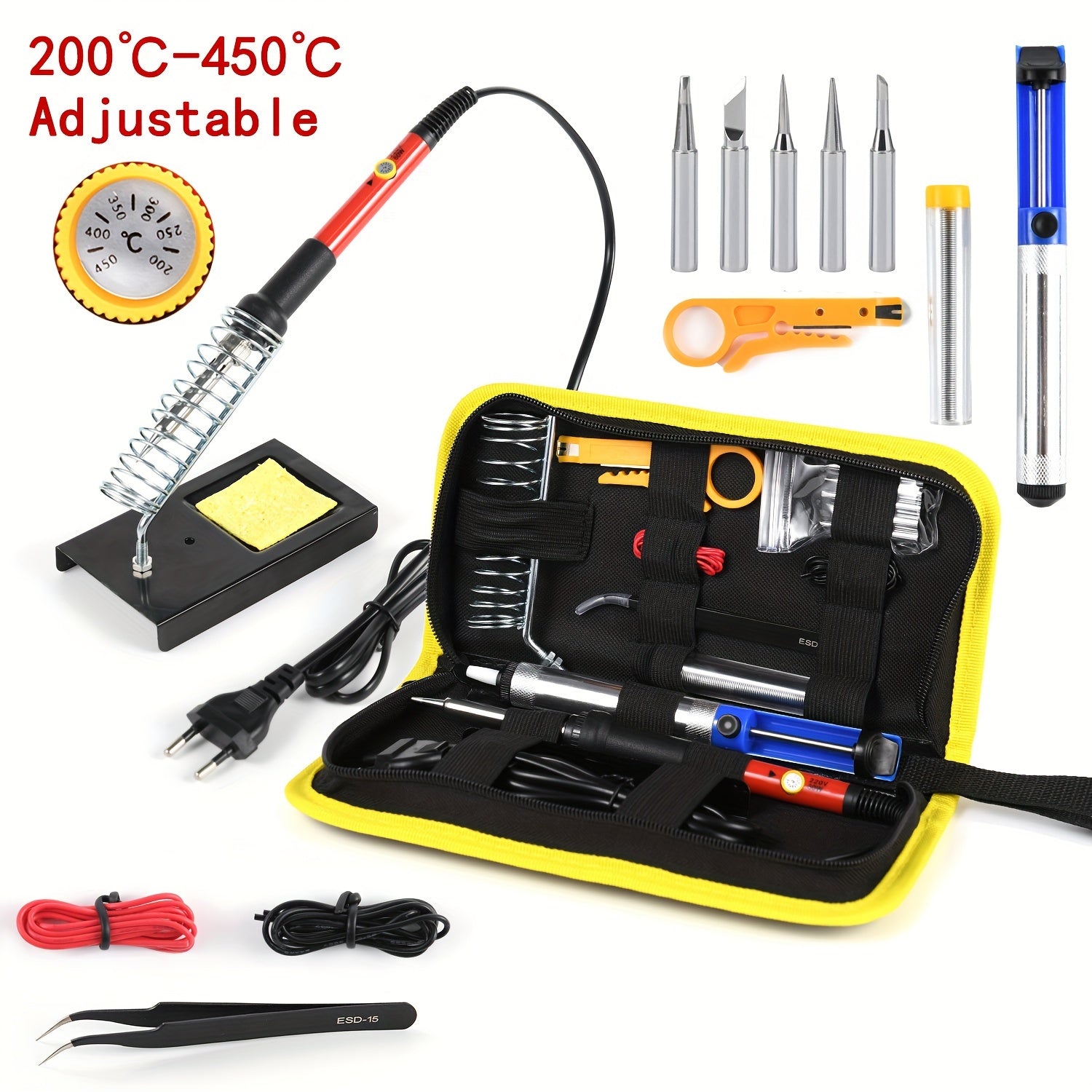 60W Adjustable Temperature Soldering Iron Kit with 15 Tips Desoldering Pump and Ceramic Heating Element for DIY Repairs in Red Blue Black