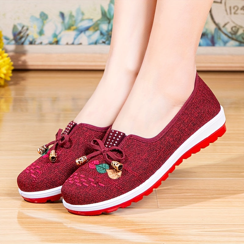 Women's Floral Embroidered Canvas Flats with Bowknot Detail for Comfort