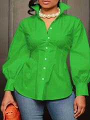Women's Plus Size Casual Blouse Solid Button-Up Lantern Sleeve Turn Down Collar